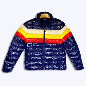 Roku Studio Mens XL Shiny Bubble Puffer Jacket Navy Blue Striped Full Zip Retro